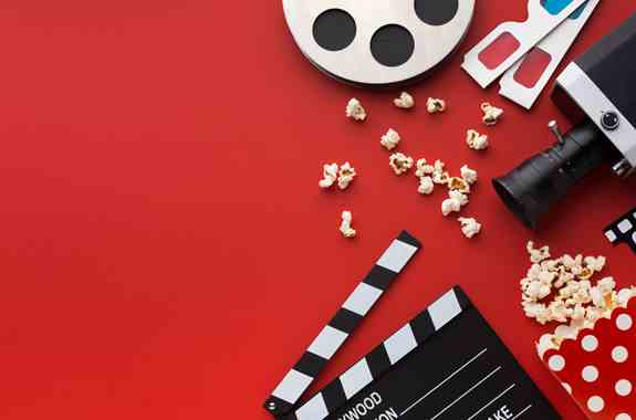 Assortment Cinema Elements Red Background With Copy Space